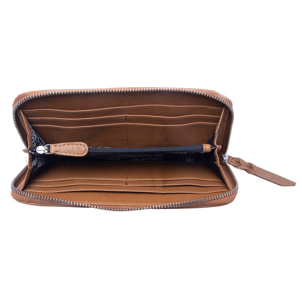 Sunset Ridge Handtooled Hairon Leather Wallet in Honey Snow
