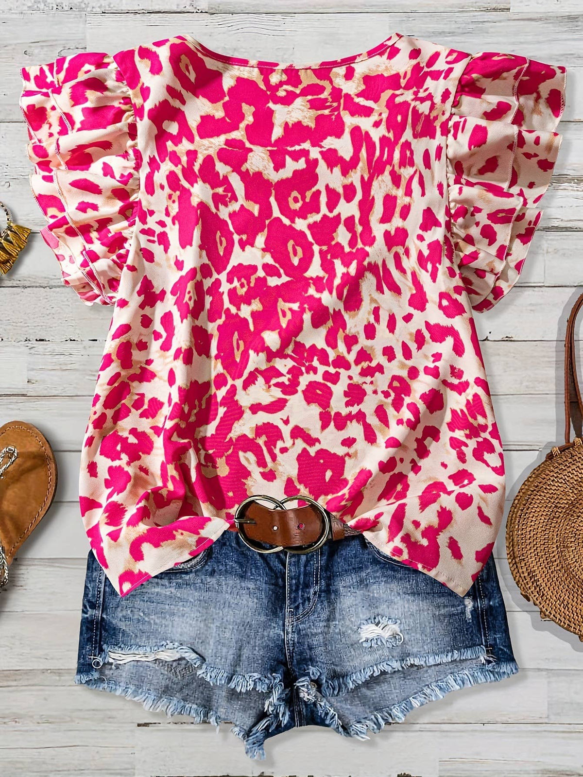 Western Vintage Summer Ruffled Sleeve Leopard Print Top