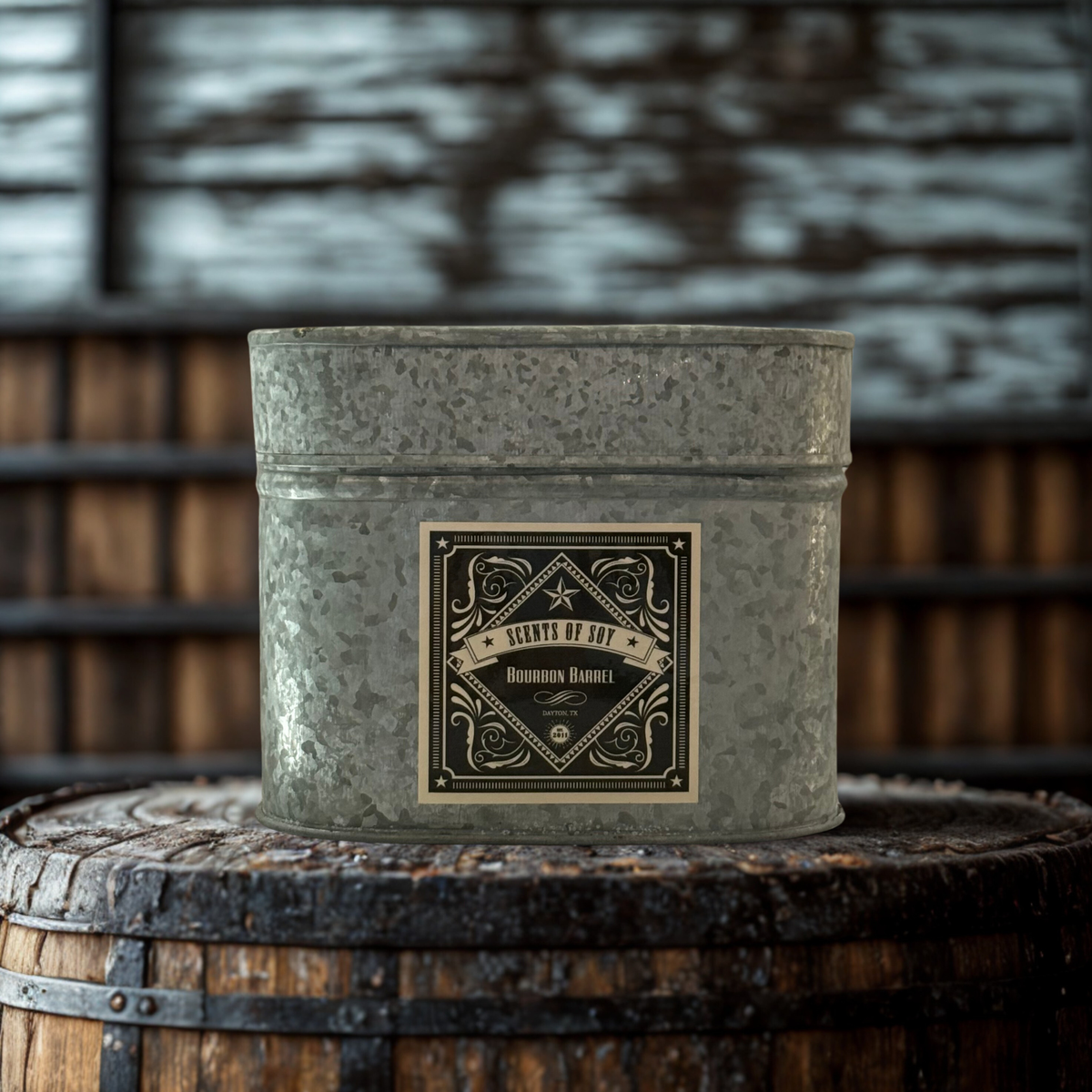 Bourbon Barrel Galvanized Oval Tin Soy Candle