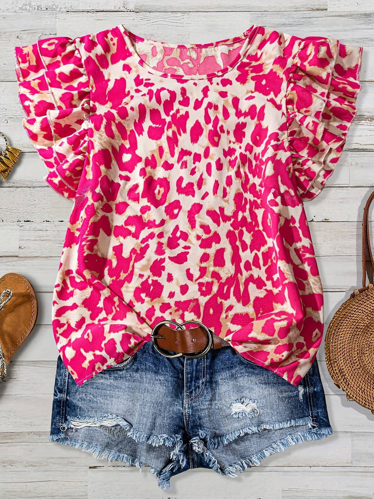 Western Vintage Summer Ruffled Sleeve Leopard Print Top