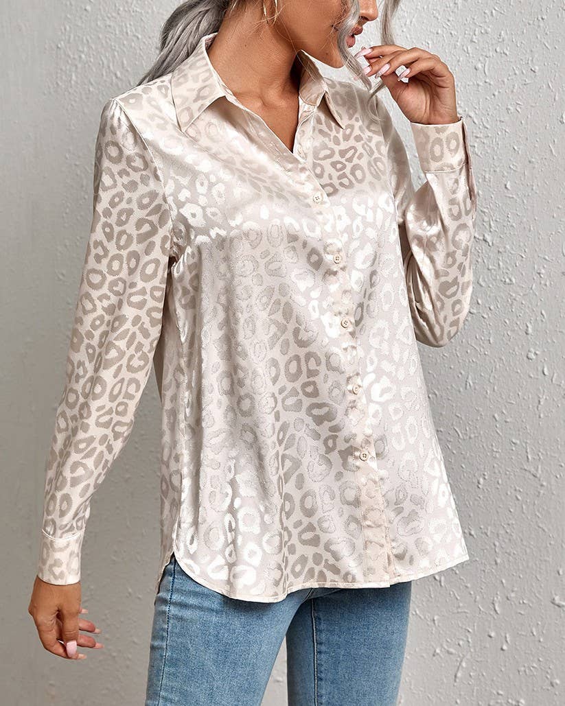 Stylish Leopard Jacquard Long Sleeve Button-Down Shirt
