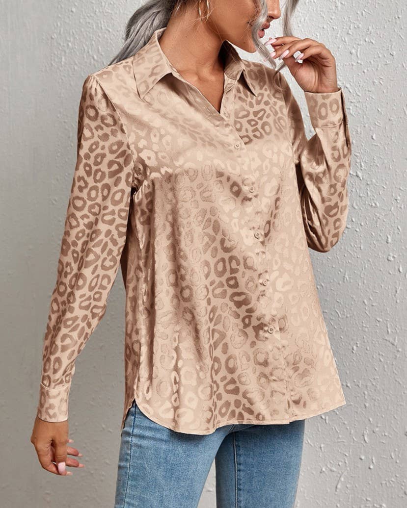 Stylish Leopard Jacquard Long Sleeve Button-Down Shirt