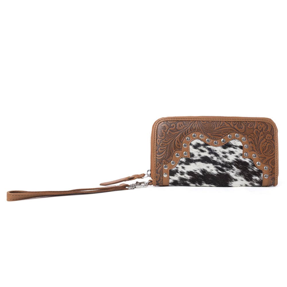Sunset Ridge Handtooled Hairon Leather Wallet in Honey Snow