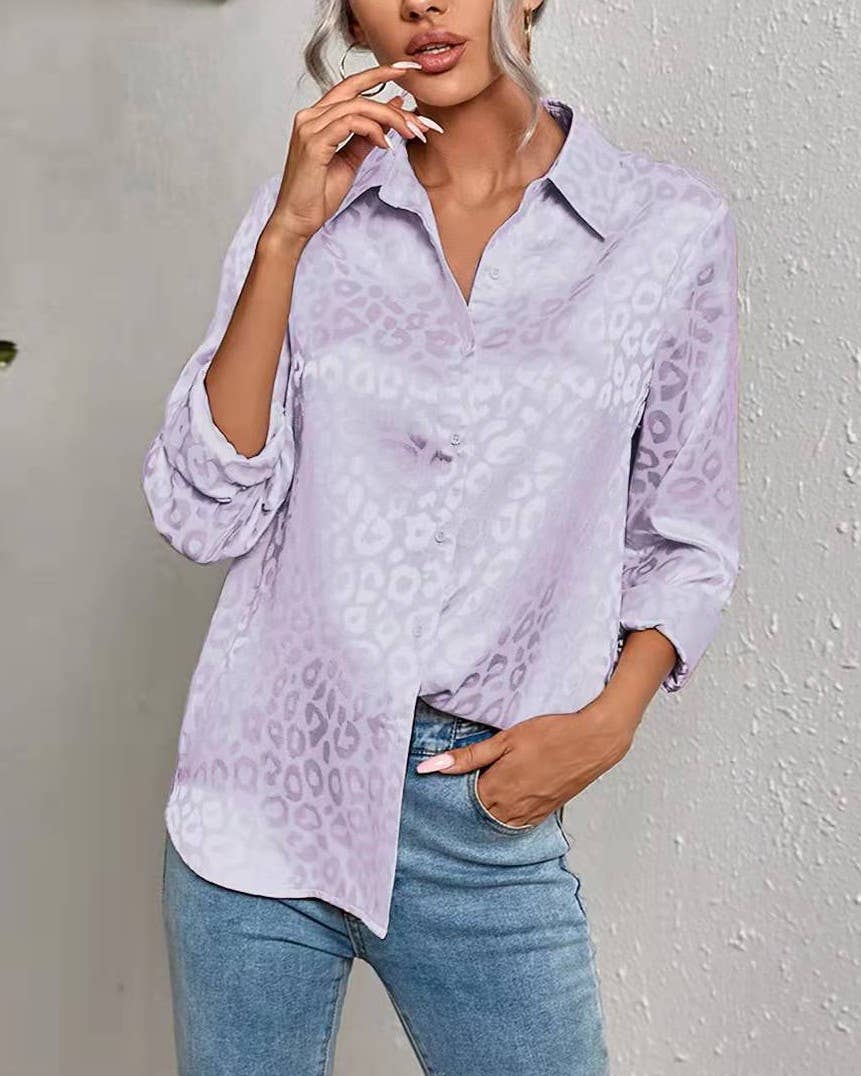 Stylish Leopard Jacquard Long Sleeve Button-Down Shirt